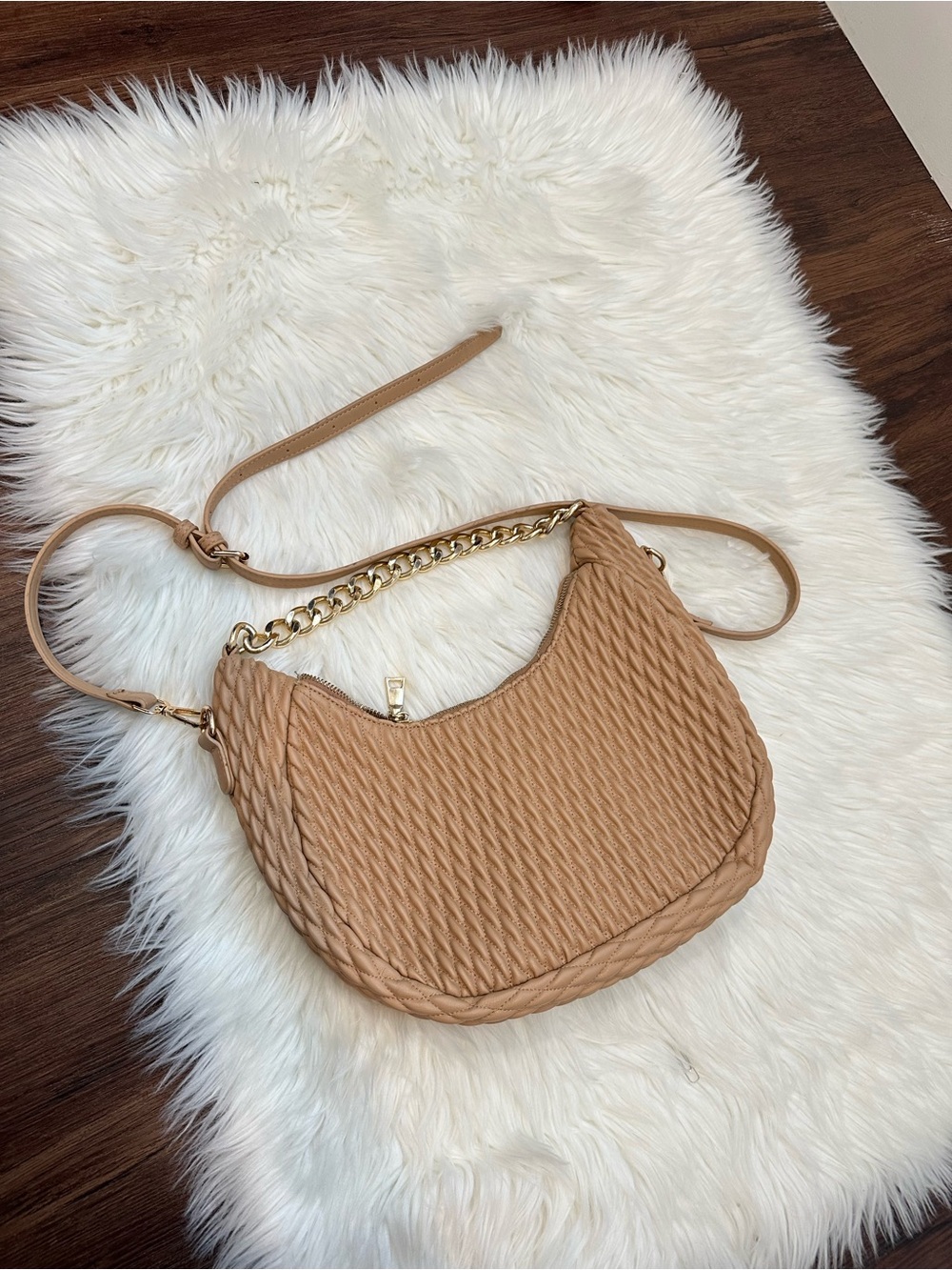 Madison West Tan Woven Shoulder Bag with Gold Chain